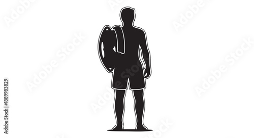 Silhouette of a man holding a surfboard standing on a beach, a serene coastal scene captured from a straight-on viewpoint