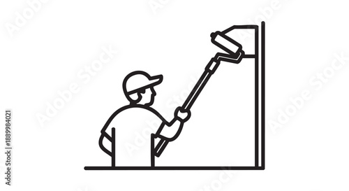 Man painting wall with roller from below, simple line illustration