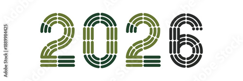 Year 2026 typography design featuring green running track lines and segments
