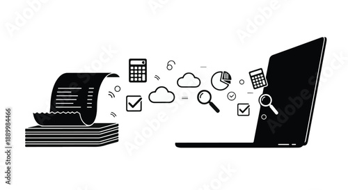 Business workflow automation concept with documents transferring from typewriter to laptop computer through digital icons and symbols