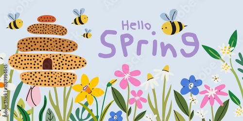 Floral cute spring banner with groovy wildflowers, bees, hive. Hand drawn organic funky spring background. Botanical and beekeeping vector illustration