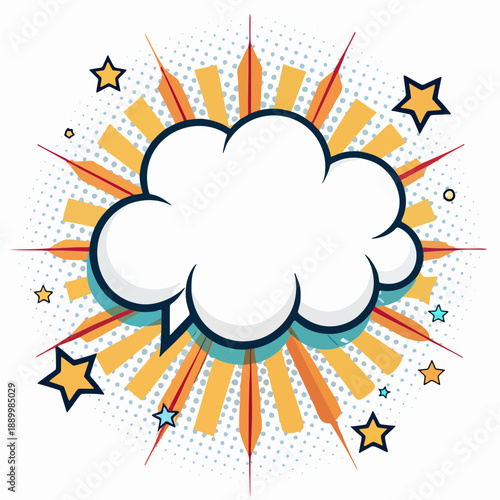 Dynamic comic book style thought bubble with explosive burst and scattered stars, perfect for pop art designs and communication graphics