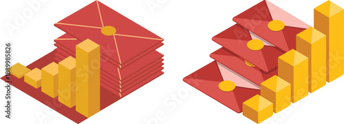 Isometric business growth concept with red gift envelopes and rising gold bar charts