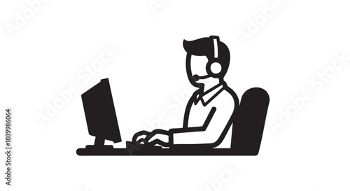 Illustration of a customer service representative working on a computer wearing a headset in a professional office setting