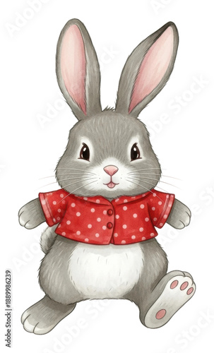 Playful grey bunny in red shirt cute whimsical style isolated on transparent background