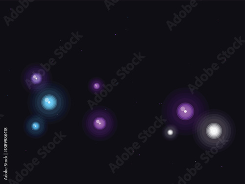 Vibrant glowing orbs floating in dark space with purple and blue hues, futuristic lighting effect design
