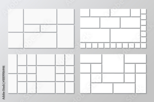 Set of mosaic pictures layout. Photo collage presentation. Geometric forms template. Gallery banner. Moodboard grid. Album brandboard. Portfolio images. Retro background. Vector illustration