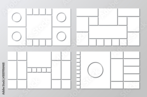 Photo album template. Organised portfolio gallery banner. Mood board grid set. Moodboard collage pictures. geometric frames. Mosaic layout collection. Album brandboard. Vector illustration