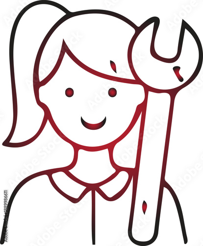 A stylized icon representing a woman with a ponytail holding a wrench, symbolizing female empowerment in trades, engineering, and mechanical professions
