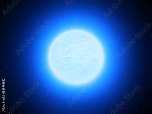 Blue giant in space. Bright star with a hot surface. Alien sun on a black background. Glowing young star.