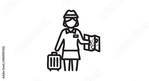 Woman holding a map and a suitcase standing in a travel scene from a frontal viewpoint