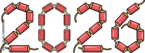 Red firecrackers connected by fuses forming the number 2026 for holiday design