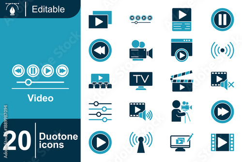 20 Duotone Icons for Video Playback Controls, Camera Recording, and Multimedia Streaming Services