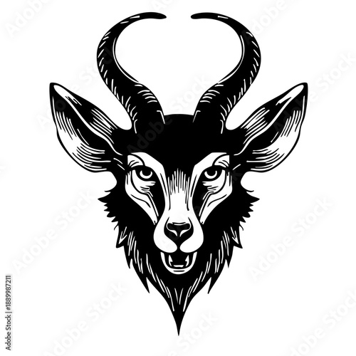 Demon Goat: Horned goat head looking directly forward.