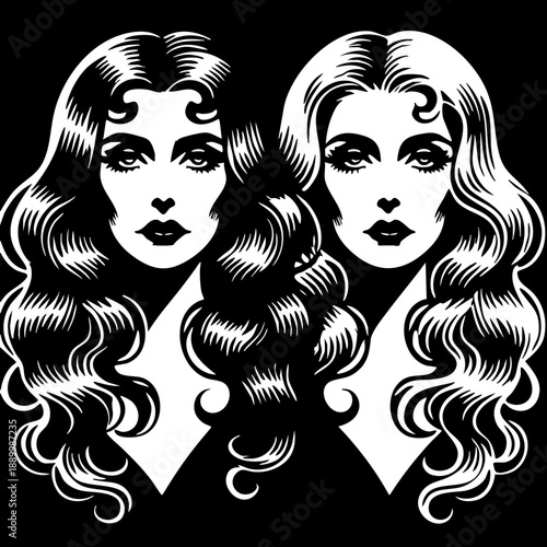 Mirror Twins: Portrait of two identical women with flowing hair.