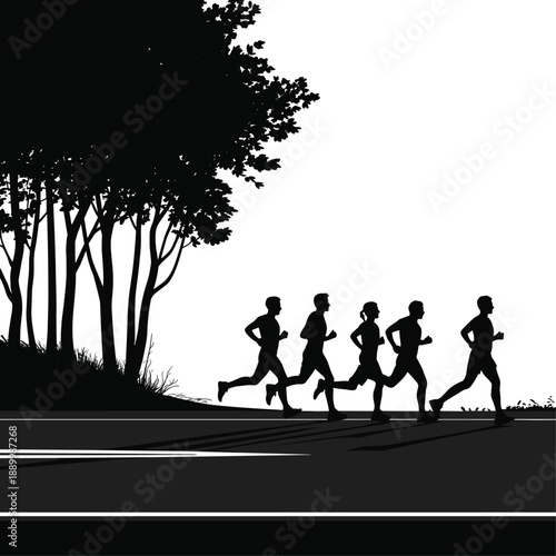 Five runners in silhouette jogging on a road with trees and shadows cast on the ground group people