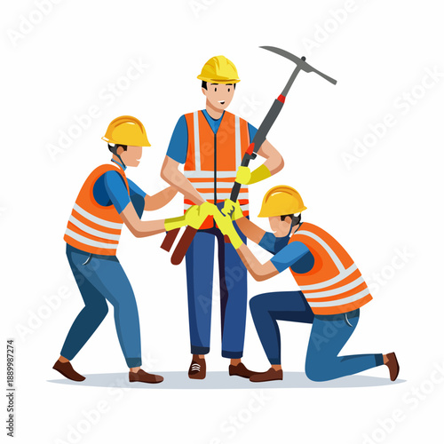 Construction workers assisting a colleague with safety gear and tools at a worksite