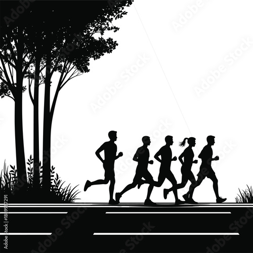 Group of runners in silhouette running on a road next to trees and grass during daytime people