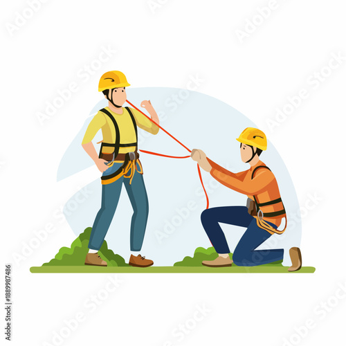 Two climbers assisting each other while rock climbing outdoors in a natural landscape from a distant viewpoint
