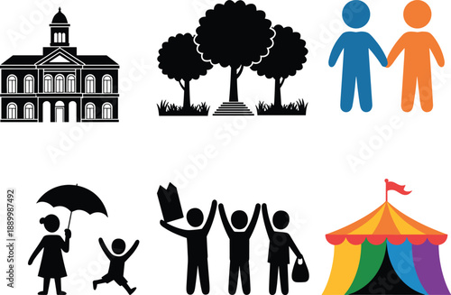 Set of simple flat representing a building, trees, people holding hands, a person with an umbrella and child, a group of people celebrating, and a circus tent