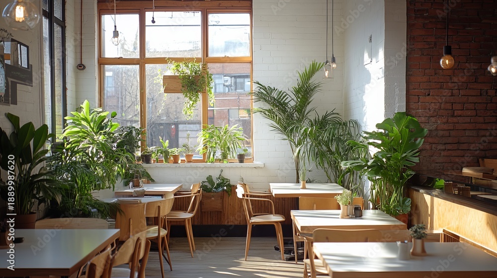 Obraz premium Bright and Inviting Cafe Interior with Natural Light, Lush Greenery, and Cozy Seating for Relaxation