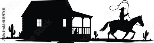 Silhouette of a cowboy on horseback with a lasso near a rustic cabin and cacti in the desert whip