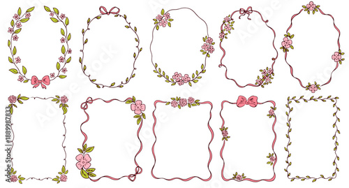Whimsical hand drawn floral frames collection. Vintage coquette botanical spring flower wreath with bows and ribbons. Vector ornamental design with flower, curls for poster, wedding and invitations.