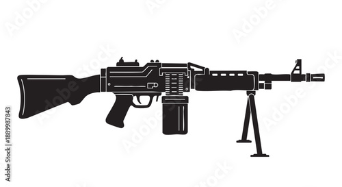 A detailed black silhouette illustration of a machine gun on a stand from a side viewpoint
