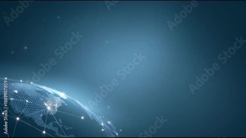 Digital network with data connections on global technology internet, cybersecurity cloud analytics over blue background, abstract futuristic interface, slow pan cinematic video with soft glow
