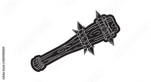 A menacing medieval club with spikes and chains, an illustration of a weapon, viewed from a slight angle