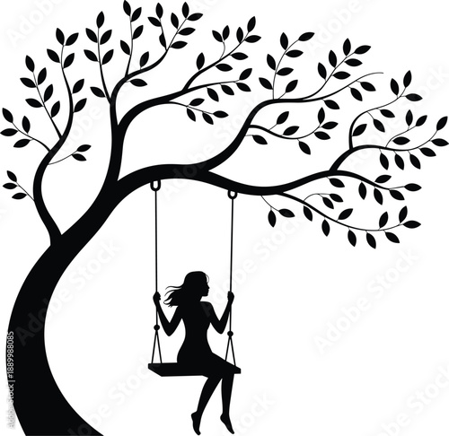 Silhouette of a young woman swinging on a swing suspended from a large, leafy tree branch against a white background