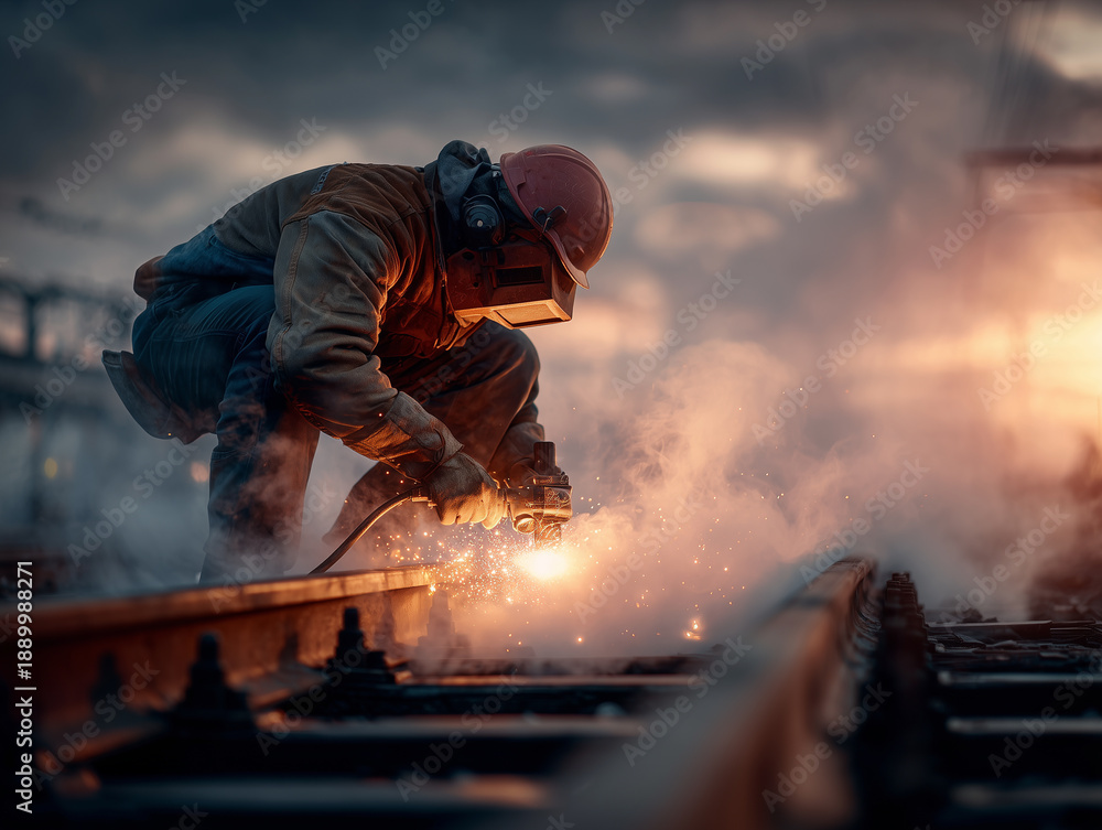 Fototapeta premium Steel Reinforcement Worker Welding on a Railway Track at Sunset Wearing Protective Safety Gear