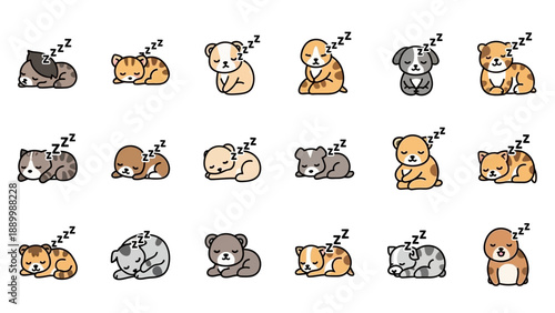 Collection of cute sleeping cartoon animals with 'Zz' symbols.