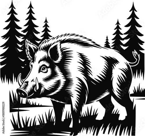Stylized black and white of a wild boar standing in a grassy forest clearing with pine trees swine