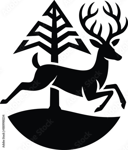 Stylized black silhouette of a leaping deer with large antlers in front of a geometric abstract tree on a circular landscape