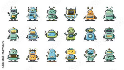 Cute and friendly cartoon robot characters collection on white background.