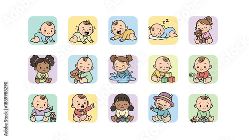 Adorable baby icons showing various activities and emotions