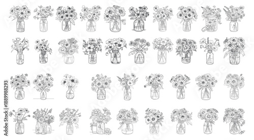 Doodle Style Mason Jar Flowers for Coloring Book and Branding