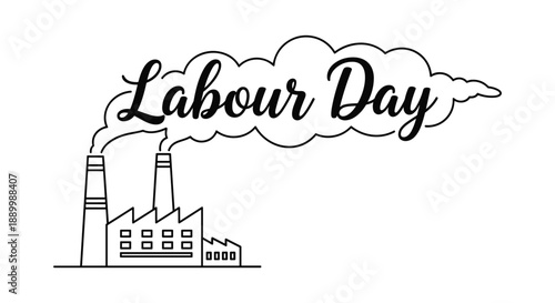 Labour day line art illustration factory building with smoke cloud and typography minimalist industrial outline vector isolated on white background