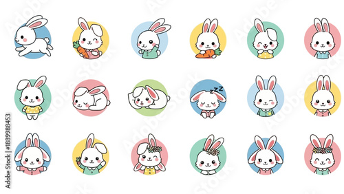 Cute cartoon rabbits in various adorable poses and expressions.
