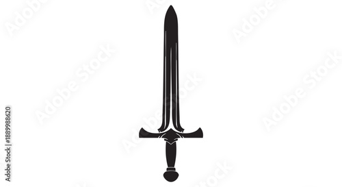 A medieval sword with a long blade and ornate hilt is centered on a plain background from a front viewpoint