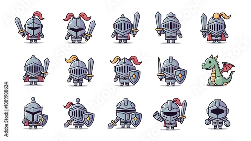 Cute cartoon knights and dragon set