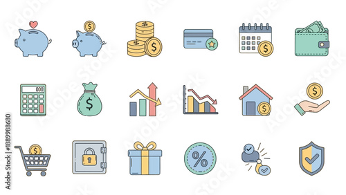 Collection of financial and business icons