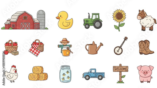 Cute farm animal and rural life icons set.