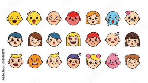 Collection of diverse cartoon faces showcasing various emotions and expressions.