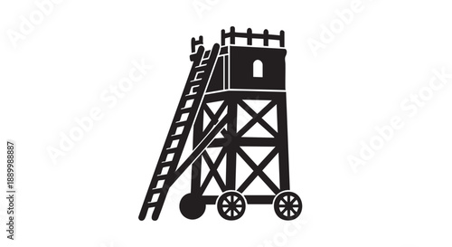 A medieval siege engine illustration showcasing a complex wooden structure with ladders and wheels in a historical context view