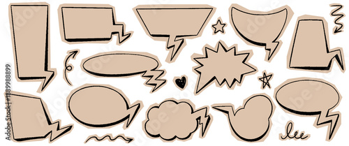 Crayon scrapbook speech bubble set. Torn craft paper scribble talk balloon in sketch style, doodle text talk speech cloud. Vector grunge dialog communication balloons with beige craft tear paper.