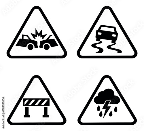 Iconic road hazard warning signs set featuring various dangerous road conditions for driving safety