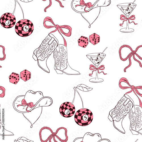 Coquette cowboy cowgirl seamless pattern. Hand drawn whimsical romantic aesthetic. Vector rodeo background for wrapping paper, packaging, fabric, wallpaper. 