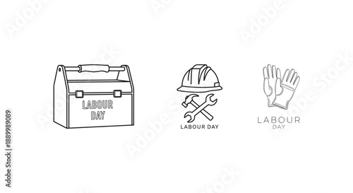 Labour day minimalist line art icons toolbox safety helmet gloves worker equipment outline vector set isolated on white
